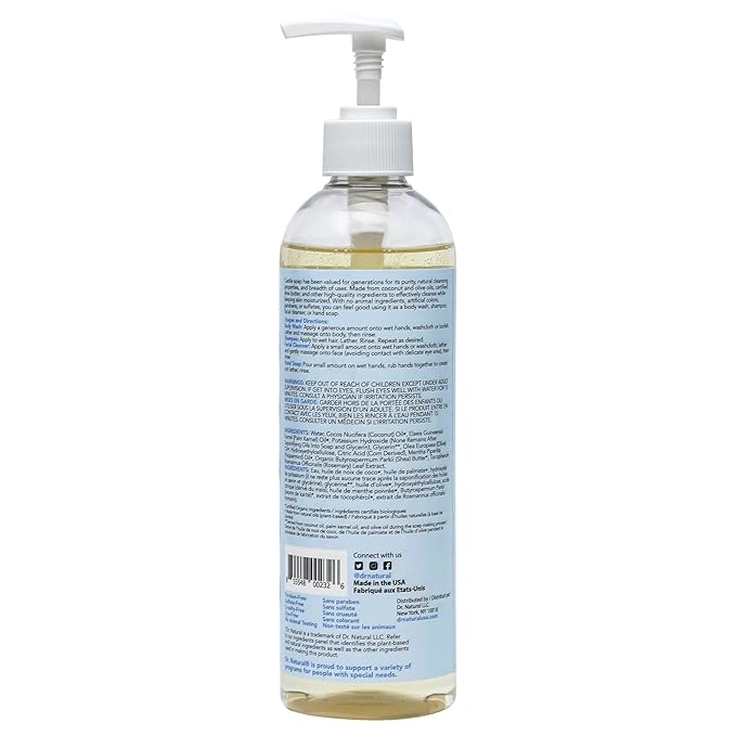 Dr. Natural Castile Liquid Soap - Multi-Use Body Wash, Shampoo and Face Wash - Hydrating Body Soap for Skin, Hair, Pets and Home - Peppermint - 16 oz