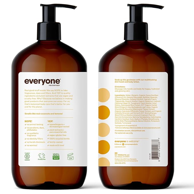 Everyone 2-in-1 Lotion for Hands/Body, 32 ounce (Pack of 2) Coconut and Lemon made with Essential Oils for Men and Women