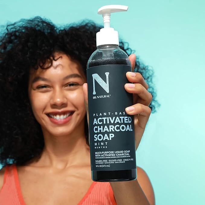 Dr. Natural Activated Charcoal Liquid Soap - Combat Acne and Blemishes - Deep Cleansing Body Wash - Gentle Body Soap for Clear Skin - Mint - 16 oz..