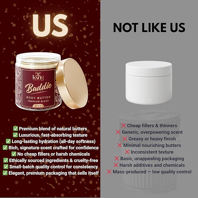 KXNG Cosmetics, Body Butter, Organic Skin Care for Men and Women, Body Moisturizer Lotions and Creams, Raw Shea Butter, Cocoa Butter, Mango, Coconut Oil, Hand, Foot, All Skin Types (Baddie)