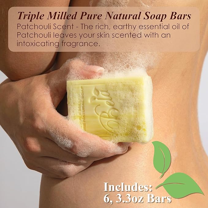 BELA Patchouli Soap 3.3 OZ Pack of 6, French Triple Milled Bar Soap with Organic Shea Butter, Hand, Face and Body Patchouli Bar Soap Made in Australia