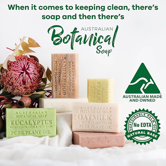 Australian Botanical Soap, 6.6 OZ, Sandalwood and Cocoa Butter, Triple Milled Bars made with a Natural Soap Base and Enriched with Organic Shea Butter, Pack of 8