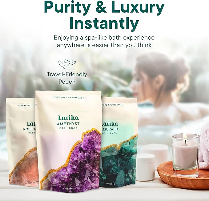 Geode-Inspired Bath Soak Set of 3 - Amethyst, Rose Quartz & Emerald with Essential Oils & Epsom Salt - Sandalwood, Lavender, Sage & Eucalyptus for Stress Relief, Muscle Recovery & Skin Care