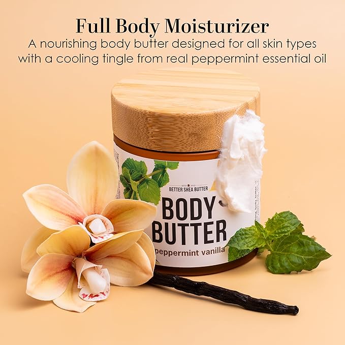 Peppermint Vanilla Body Butter - Natural Lotion for Women with Shea Butter & Jojoba Oil - Non-Greasy Whipped Body Lotion for Dry Skin - Vanilla Scented Peppermint Body Lotion