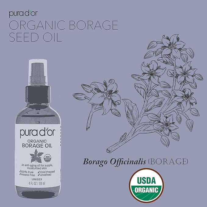 PURA D'OR Organic Borage Seed Oil (4oz / 118mL) 100% Pure USDA Certified Premium Grade Natural Moisturizer, Cold Pressed, Unrefined, Hexane-Free Base Carrier Oil for DIY Skin Care For Men & Women
