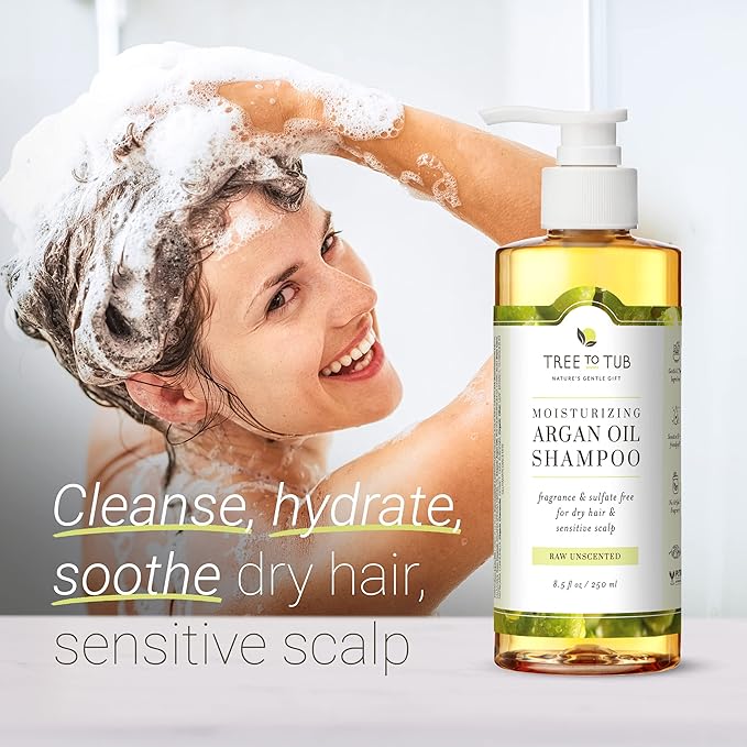 Tree to Tub Fragrance Free Shampoo for Dry & Sensitive Scalp - Gentle Unscented Hydrating Hair Shampoo for Women & Men, Moisturizing Sulfate Free Shampoo w/Organic Argan Oil, All Natural Soapberry