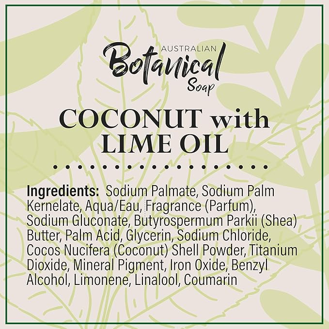 Australian Botanical Soap, 6.6 OZ, Coconut and Lime Oil, Triple Milled Bars made with a Natural Soap Base and Enriched with Organic Shea Butter, Pack of 8