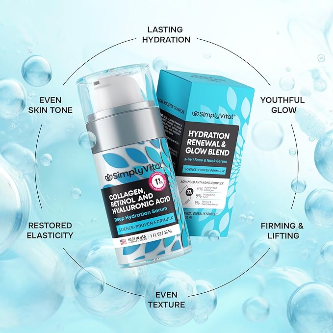 SimplyVital Collagen, Peptide & Retinol Moisturizer for Face, Neck & Décolleté – Lightweight Hydration for Daily Care – Made in USA – Hyaluronic Acid Cream – 1 fl.oz