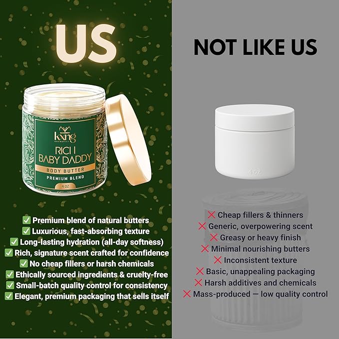 KXNG Cosmetics, Body Butter, Organic Skin Care for Men and Women, Body Moisturizer Lotions and Creams, Raw Shea Butter, Cocoa Butter, Mango, Coconut Oil, Hand, Foot, All Skin Types (Rich Baby Daddy)