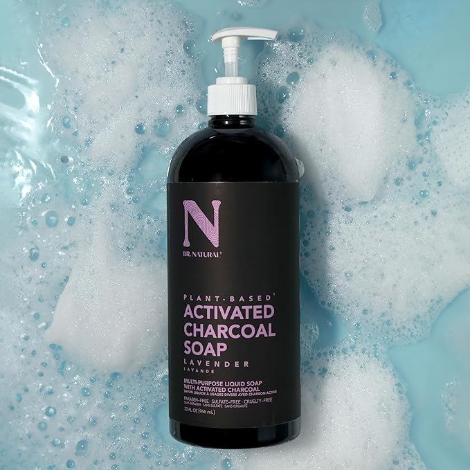 Dr. Natural Activated Charcoal Liquid Soap - Anti Acne and Blemishes - Deep Cleansing Body Wash - Gentle Body Soap for Clear Skin - Lavender - 32 oz..