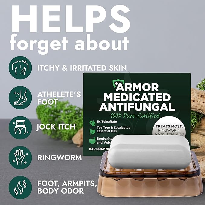 Antifungal Soap Pack of 2 | Medicated Jock Itch Treatment, Fights Ringworm & Athlete's Foot | Antibacterial Soap Includes Scrubber for Deeper Cleansing & Exfoliation | Tea Tree Oil 1% Tolnaftate