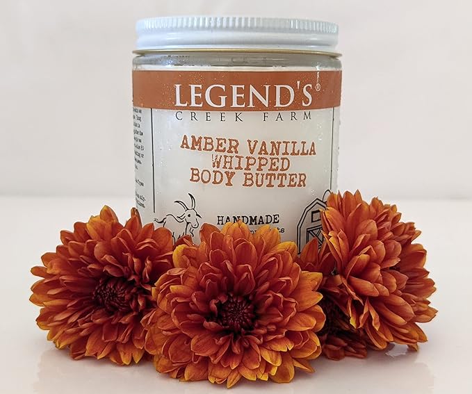 Legend's Creek Farm, Goat Milk Body Butter - Hydrating Natural Body Moisturizer with Organic Shea Butter & Grape Seed Oil - 8 Oz Purifying & Toning Whipped Body Butter (Amber Vanilla)
