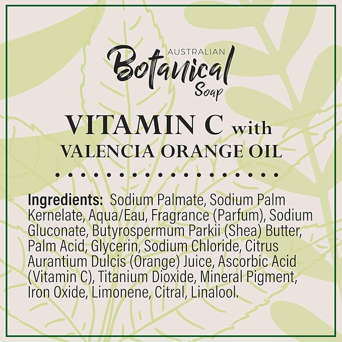 Australian Botanical Soap, 6.6 OZ, Vitamin C and Valencia Orange, Triple Milled Bars made with a Natural Soap Base and Enriched with Organic Shea Butter, Pack of 8