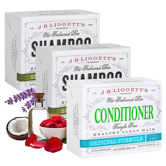 J.R.LIGGETT’S New Conditioner Bar 1.75oz + Two Herbal Formula Shampoo Bars 3.5oz Bundle | Natural Plant-Based Ingredients Leaves Hair Clean, Tangle-Free | Eco-Friendly, Biodegradable, Recyclable | USA