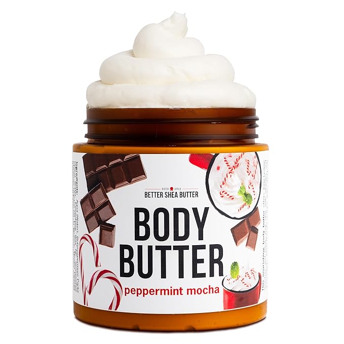 Peppermint Mocha Body Butter with Raw Shea Butter and Jojoba Oil, Holiday Body Moisturizer for Dry Skin, Christmas Lotion, Limited Edition
