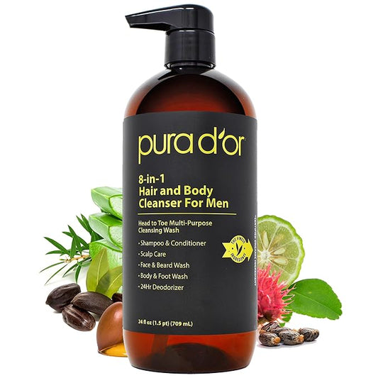 PURA D'OR 24 Oz 8-in-1 Hair & Body Cleanser For Men – Sulfate-Free, Multi-Use Wash for Hair, Face, Beard & Body, with Organic Aloe Vera, Cedarwood & Lemongrass, Energizing & Deodorizing Formula