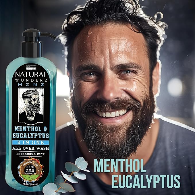 Mens Body Wash with Menthol & Eucalyptus, 32 Fl Oz, All Natural 3-In-1 Body Scrub and Liquid Soap for Gentle Cleansing, Vegan Friendly, Sulfate Free, and Cruelty Free