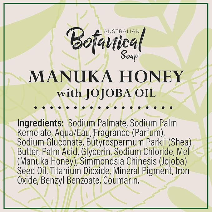 Australian Botanical Soap, 6.6 OZ, Manuka Honey and Jojoba Oil, Triple Milled Bars made with a Natural Soap Base and Enriched with Organic Shea Butter, Pack of 8