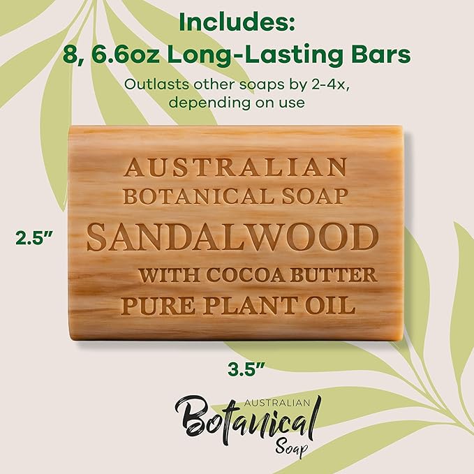 Australian Botanical Soap, 6.6 OZ, Sandalwood and Cocoa Butter, Triple Milled Bars made with a Natural Soap Base and Enriched with Organic Shea Butter, Pack of 8