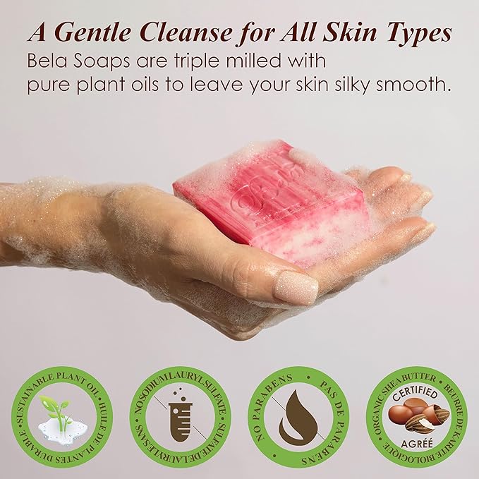 BELA Pomegranate Soap 3.3 OZ Pack of 6, Long Lasting French Triple Milled Bar Soap with Organic Shea Butter, Hand, Face and Body Wash Bar, Made in Australia