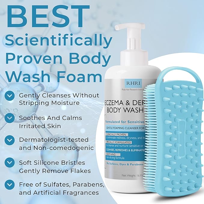 Eczema Body Wash Sensitive Skin | Eczema Treatment | Foaming Cleanser For Eczema Prone Skin | Soothes Dryness & Itching, Gentle On Eczema & Dermatitis, Sulfate-Free With Free Scrubber Brush