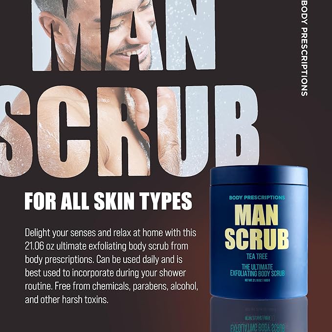 Body Prescriptions Men’s Exfoliating Body Scrub – Ultimate Skin Cleansing Wash in Jar with Twist-Top Lid, For All Skin Types, 21 Ounce (Pack of 4), Tea Tree