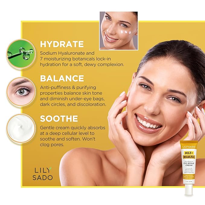 LILY SADO MILK+MANUKA™ Eye Repair Cream - Anti-Aging Natural Gentle Formula w/Coconut Milk, Manuka Honey, Sodium Hyaluronate & VITS C, B5 & E - Prevents Puffiness, Under-eye Wrinkles & Eye Bags - 1oz