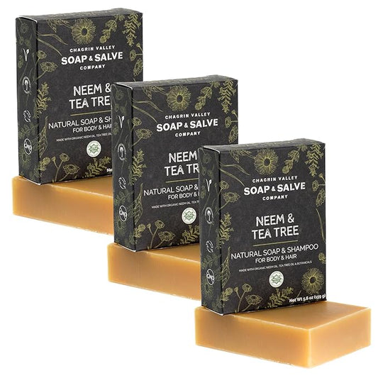 Chagrin Valley Soap & Salve Neem & Tea Tree Organic Soap & Shampoo Bar – Soothe Dry, Itchy, Irritated Skin - Sulfate Free - For Body & Hair Vegan Shampoo Natural, Large 5.6 oz Bar - 3PK