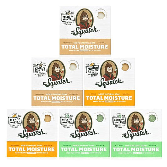Dr. Squatch NEW Total Moisture Bar Soap for Men - No Added Fragrance Formulated for Sensitive Skin - Shea Butter, Mango Butter & Green Tea Butter (5 oz, 6-pack)