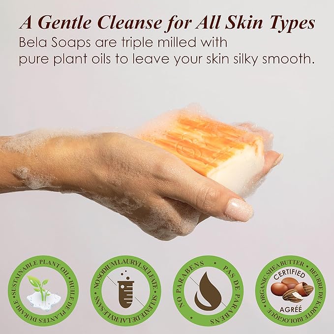 BELA Orange Zest Soap 3.3 OZ Pack of 12, Long Lasting French Triple Milled Bar Soap with Organic Shea Butter, Hand, Face and Body Wash Bar, Made in Australia