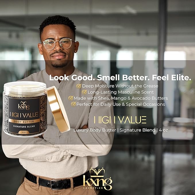 KXNG Cosmetics, Body Butter, Organic Skin Care for Men and Women, Body Moisturizer Lotions and Creams, Raw Shea Butter, Cocoa Butter, Mango, Coconut Oil, Hand, Foot, All Skin Types (High Value)
