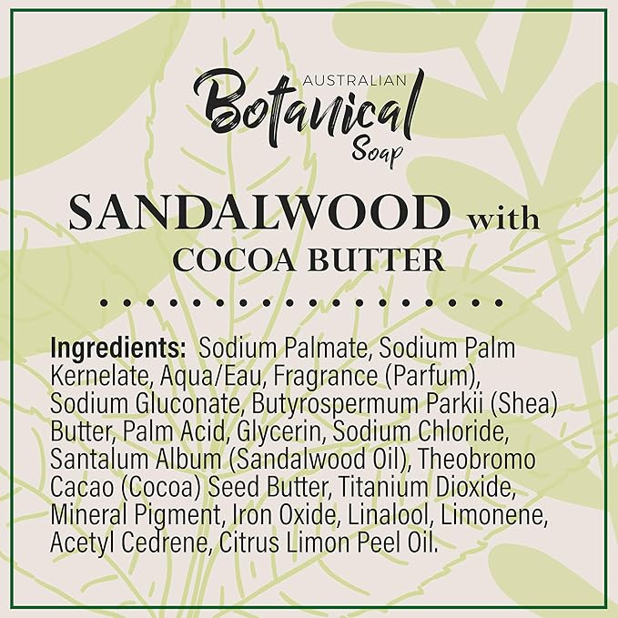 Australian Botanical Soap, 6.6 OZ, Sandalwood and Cocoa Butter, Triple Milled Bars made with a Natural Soap Base and Enriched with Organic Shea Butter, Pack of 8