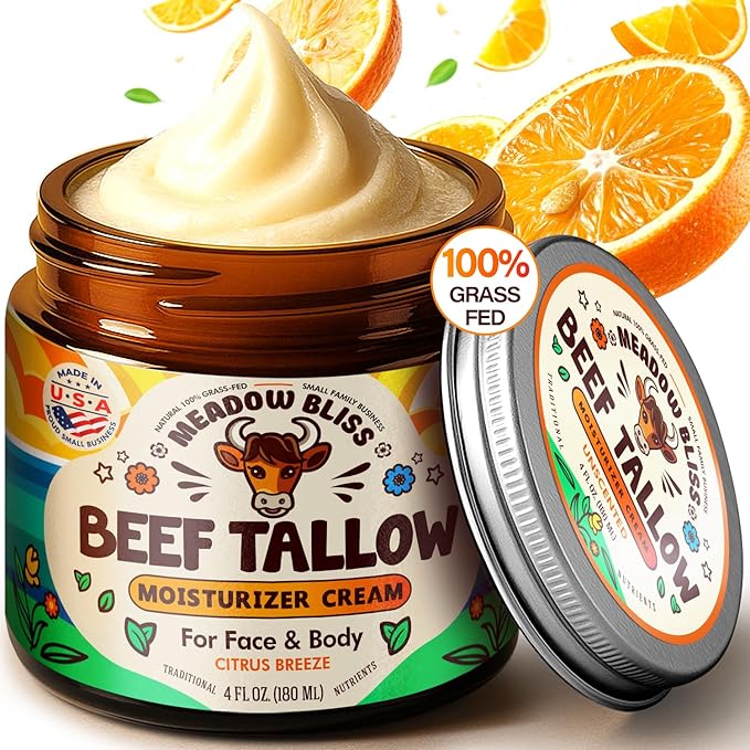 Beef Tallow for Skin - Moisturizer Cream - 100% Grass Fed - Whipped Beef Tallow - Organic Jojoba Oil - Organic Shea Butter - Supports Eczema, Rosacea+ - Made in USA - Citrus Breeze - 4 oz