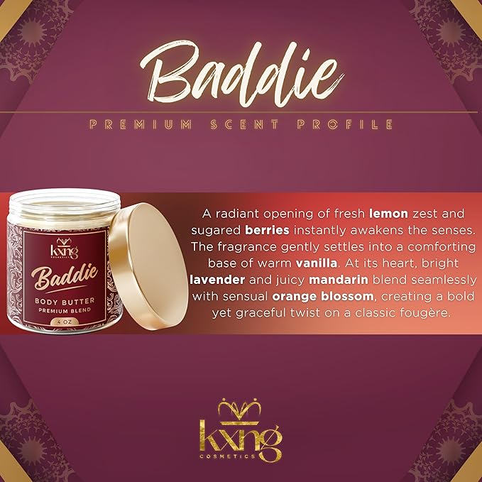 KXNG Cosmetics, Body Butter, Organic Skin Care for Men and Women, Body Moisturizer Lotions and Creams, Raw Shea Butter, Cocoa Butter, Mango, Coconut Oil, Hand, Foot, All Skin Types (Baddie)