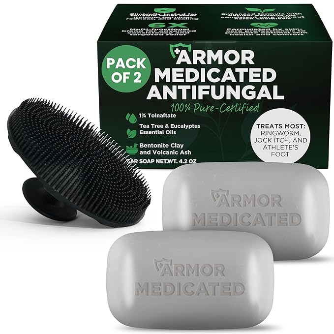 Antifungal Soap Pack of 2 | Medicated Jock Itch Treatment, Fights Ringworm & Athlete's Foot | Antibacterial Soap Includes Scrubber for Deeper Cleansing & Exfoliation | Tea Tree Oil 1% Tolnaftate