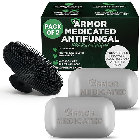 Antifungal Soap Pack of 2 | Medicated Jock Itch Treatment, Fights Ringworm & Athlete's Foot | Antibacterial Soap Includes Scrubber for Deeper Cleansing & Exfoliation | Tea Tree Oil 1% Tolnaftate
