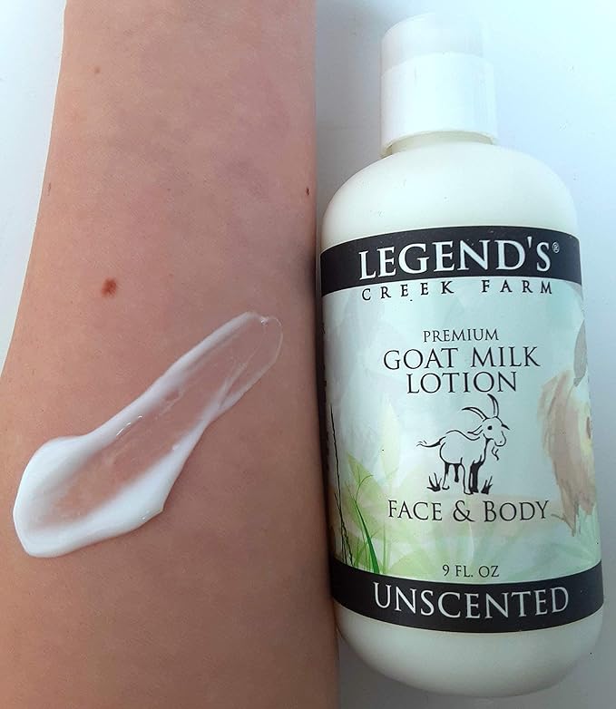 Legend's Creek Farm Goat Milk Lotion - Moisturizing Goat Milk Body Lotion for Body, Hand & Face - 9 oz Body Moisturizer with Shea Butter, Sunflower Oil, Aloe, Handmade in USA (Unscented L.)