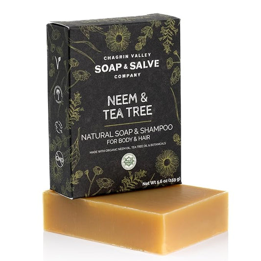 Chagrin Valley Soap & Salve Neem & Tea Tree Organic Soap & Shampoo Bar – Soothe Dry, Itchy, Irritated Skin - Sulfate Free Shampoo For Body & Hair Vegan Shampoo Natural, Large 5.6 oz Bar Shampoo