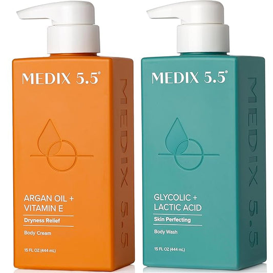 Medix 5.5 Glycolic Acid Exfoliating Face & Body Wash Cleanser + Argan Oil Moisturizing Body Cream Lotion 2PC Skin Care Set | Alpha Hydroxy Acid & Lactic Acid Foaming Face Wash, 2PC Set