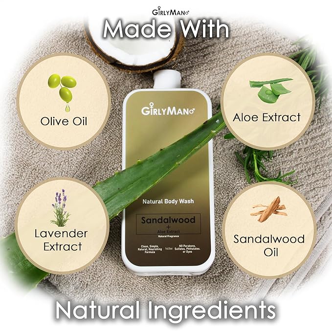 GirlyMan Natural Body Wash - Made with Olive Oil & Aloe Extract, No Artificial Fragrance, PH Balanced, Gentle Formula, Nourishing Ingredients, Family Owned (Sandalwood)