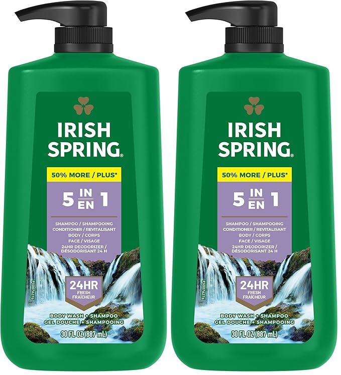 Irish Spring 5 in 1 Body Wash for Men, Men's Body Wash, Smell Fresh and Clean for 24 Hours, Conditions and Cleans Body, Face, and Hair, Made with Biodegradable Ingredients, 30 Oz Pump (Pack of 2)