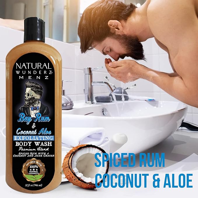Natural Wunderz Mens Body Wash, Exfoliating Bay Rum & Coconut Aloe Scent, 32 Fl Oz All-In-One Liquid Soap and Shower Gel, Sulfate Free and Vegan Friendly Body Scrub