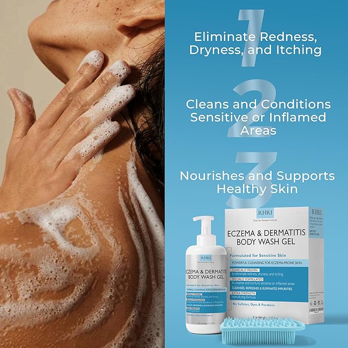 Eczema Body Wash | Eczema Treatment | Gel Cleanser For Eczema Prone Skin | Soothes Dryness & Itching, Gentle On Eczema & Dermatitis, Sulfate-Free With A Free Scrubber Brush