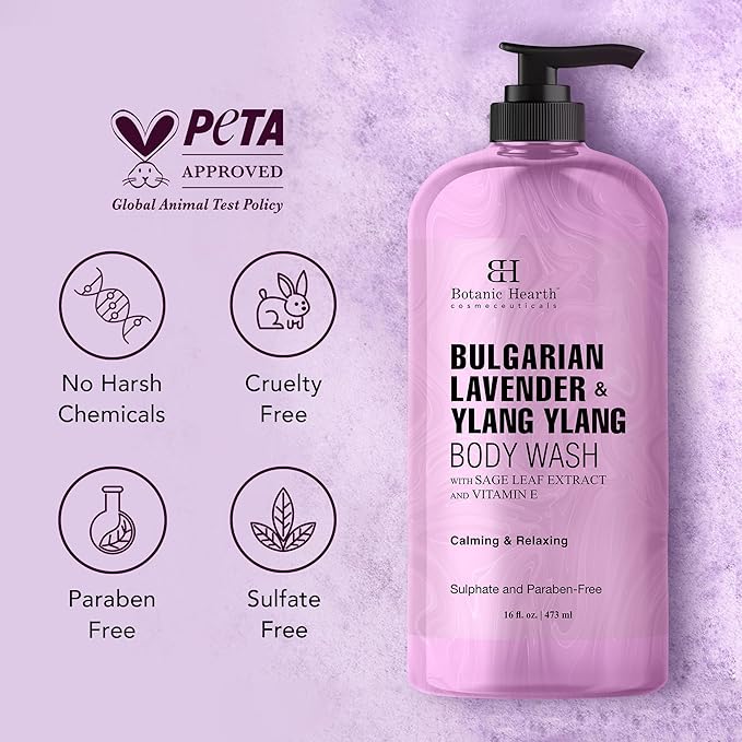 Botanic Hearth Bulgarian Lavender & Ylang Ylang Body Wash | Shower Gel | 16 Fl Oz With Vitamin E, Sage Leaf Extracts | Calming & Relaxing | Sulphate & Paraben Free