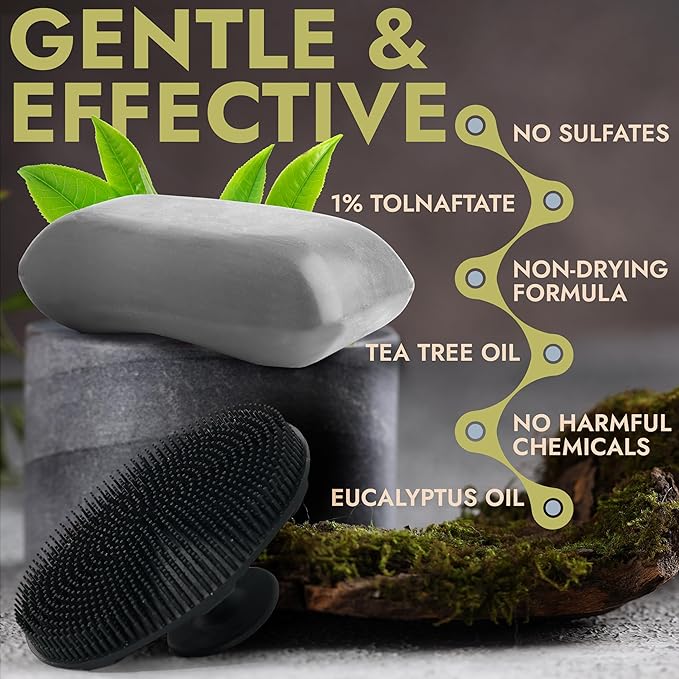 Antifungal Soap Pack of 2 | Medicated Jock Itch Treatment, Fights Ringworm & Athlete's Foot | Antibacterial Soap Includes Scrubber for Deeper Cleansing & Exfoliation | Tea Tree Oil 1% Tolnaftate