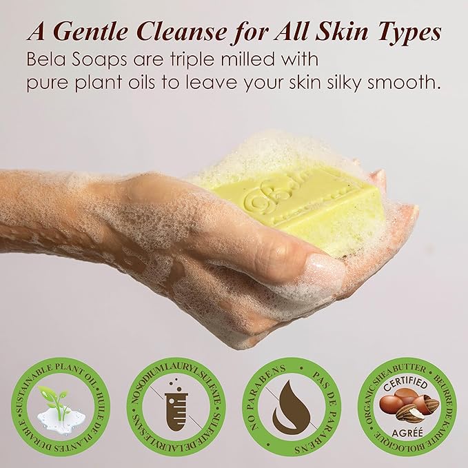 BELA Lemon Myrtle and Lemongrass Soap 3.3 OZ Pack of 12, Long Lasting French Triple Milled Bar Soap with Organic Shea Butter Hand, Face and Body Wash Bar, Made in Australia