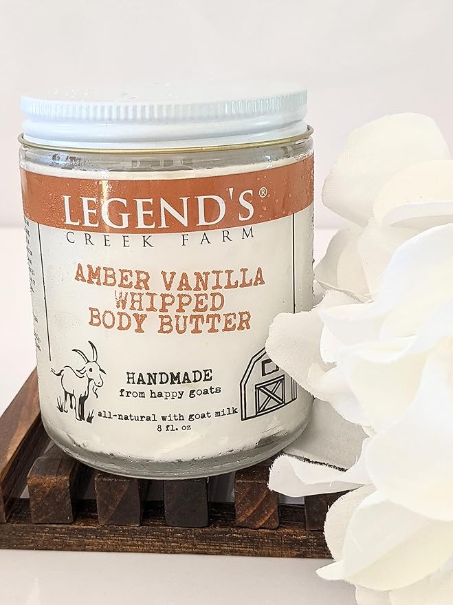 Legend's Creek Farm, Goat Milk Body Butter - Hydrating Natural Body Moisturizer with Organic Shea Butter & Grape Seed Oil - 8 Oz Purifying & Toning Whipped Body Butter (Amber Vanilla)