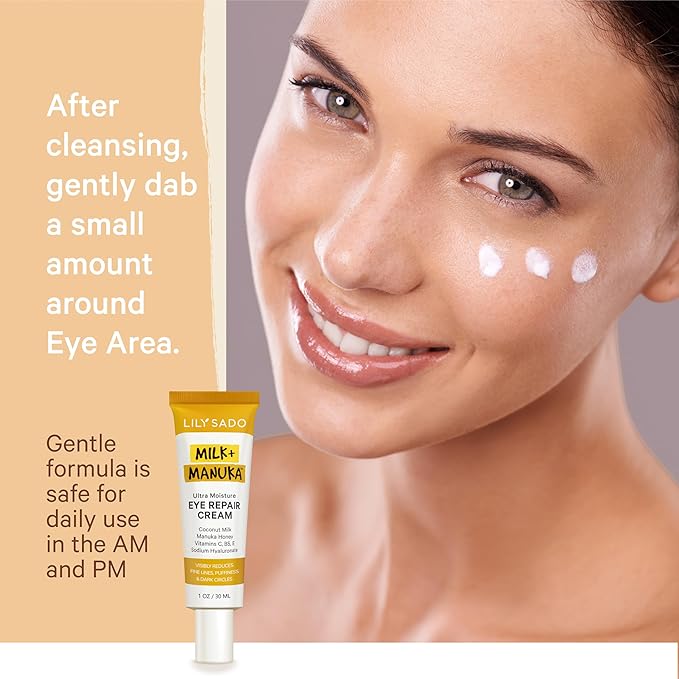 LILY SADO MILK+MANUKA™ Eye Repair Cream - Anti-Aging Natural Gentle Formula w/Coconut Milk, Manuka Honey, Sodium Hyaluronate & VITS C, B5 & E - Prevents Puffiness, Under-eye Wrinkles & Eye Bags - 1oz