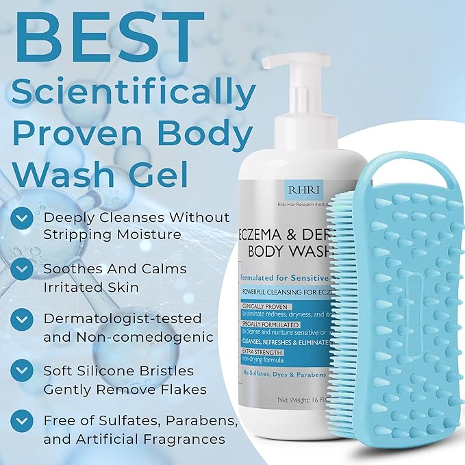 Eczema Body Wash | Eczema Treatment | Gel Cleanser For Eczema Prone Skin | Soothes Dryness & Itching, Gentle On Eczema & Dermatitis, Sulfate-Free With A Free Scrubber Brush