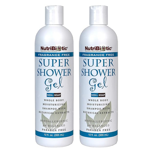 NutriBiotic – Fragrance-Free Super Shower Gel, 12 Oz Twin Pack | Whole-Body Moisturizing Shampoo with GSE & Botanical Extracts | pH Balanced & Free of Gluten, Parabens, Sulfates, Dyes & Colorings